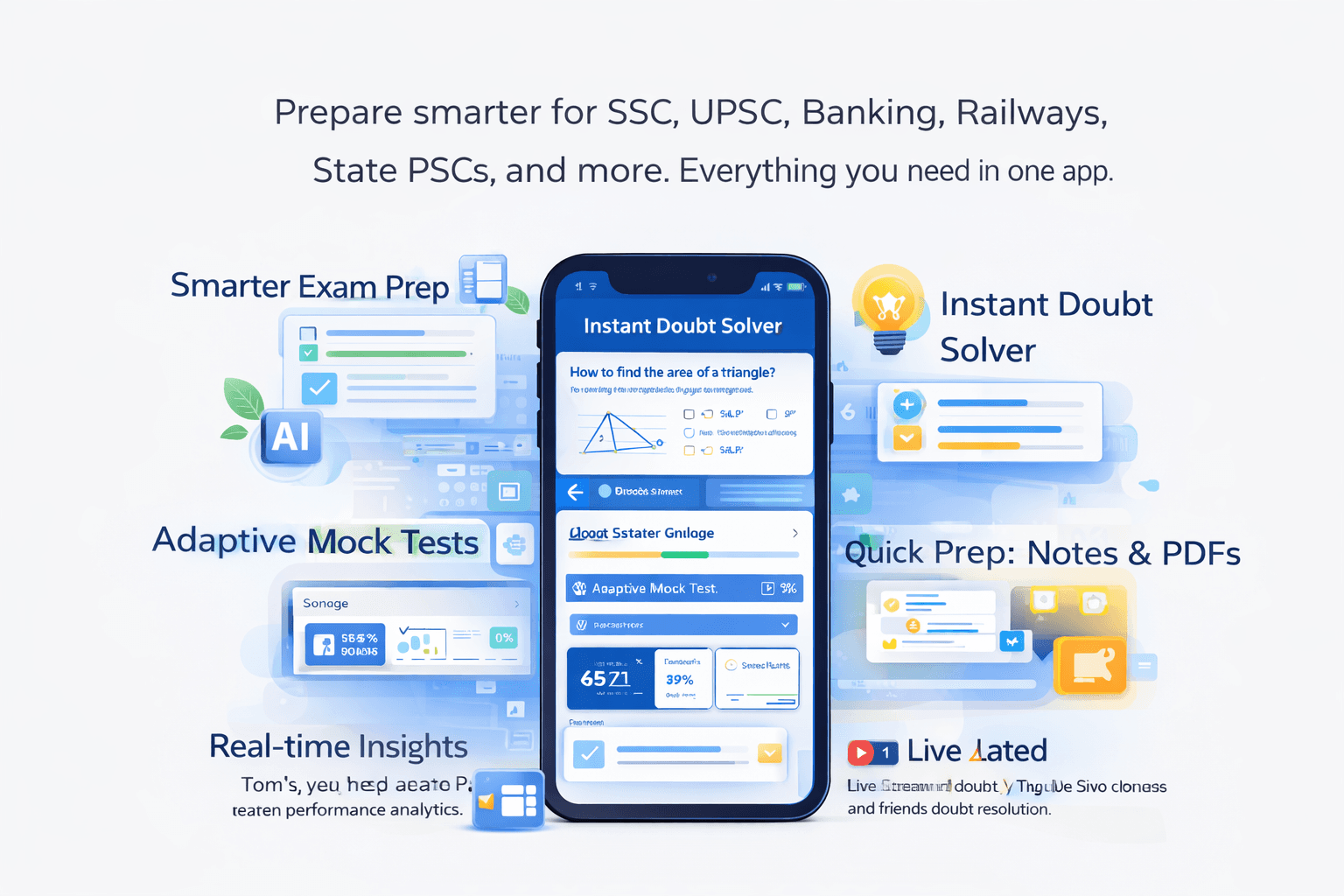Meritranker student app interface showing AI doubt solver, mock tests, and performance analytics for UPSC SSC Banking exam preparation
